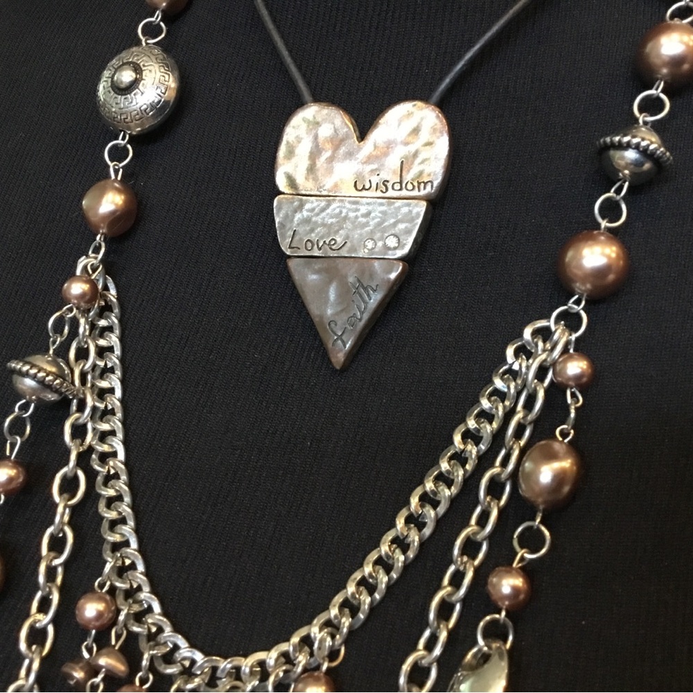 2 Piece Stacking Necklace Champagne Beads Articulated Heart Brass Pewter Copper